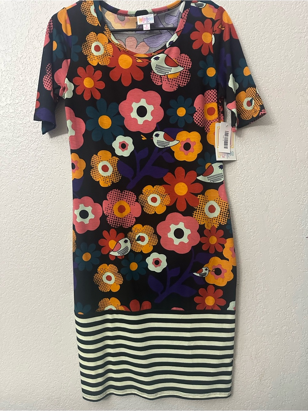 Floral Stripe Short-Sleeve Knit Dress - Black Multicolor